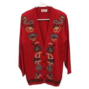 Vintage Womens Long Cardigan Sweater Size Medium Red Grandma Made in USA Fall